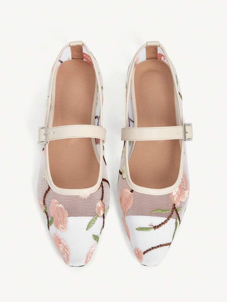 CUCCOO CHICEST Women's Spring/Summer New Embroidered Pattern Strap Buckle Design Square Toe Comfortable Minimalist Flat Sandals, Versatile For Commuting, Casual, Party, Afternoon Tea, Holiday Gift Wedding Shoes Spring Shoes Bride Shoes