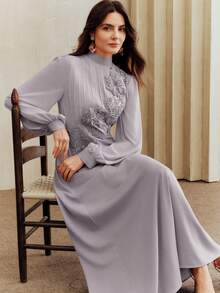 Đầm chiffon thanh lịch dành cho nữ, mẫu mới về Xuân/Hè của Anewsta, cổ tròn, tay dài, xếp ly, thêu ngọc trai, dáng chữ A thắt eo. - Màu Xám nhạt - Xem 7