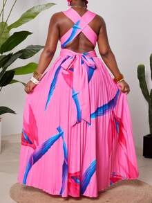 Maweii 大码女式热带印花荷叶边连衣裙 - 粉色 - 查看 2