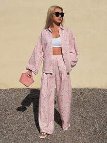 DAZY 女士优雅印花衬衫和阔腿裤两件套，春夏款 - 粉色 - 查看 4