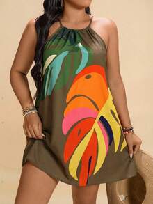 SHEIN TRVLCHIC Plus Size Women Tropical Plant Print Casual Halter Dress - Khaki - View 6