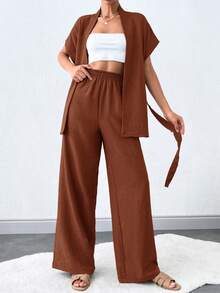 SHEIN Tall 2件組純色綁帶極簡上衣與長褲休閒日常穿著，適合高個女性 - 棕色 - 查看 4