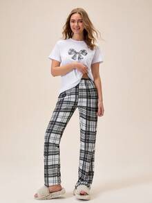 Loomlin Plaid Bowknot Print Short Sleeve & Long Pants Women Pajama Set - Black and White - View 5