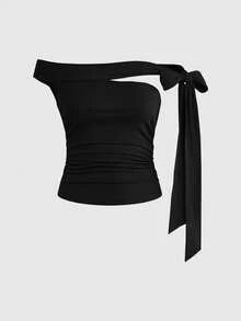 ROMWE Top ajustado de mujer con hombros descubiertos, cordones laterales y drapeado - Negro - Ver 1