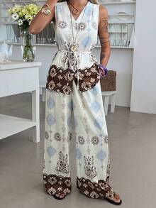 DAZY Women's V-Neck Sleeveless Printed Cinched Waist Waistcoat And Wide Leg Pants Two Pieces Vacation Set - Apricot - View 5