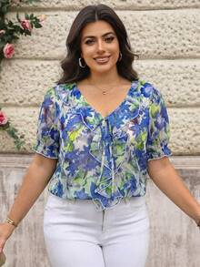 Reflora Plus Size V-Neck Short Sleeve Ruffle Tie-Front Allover Print Loose Blouse, Going Out Tops - Blue - View 8