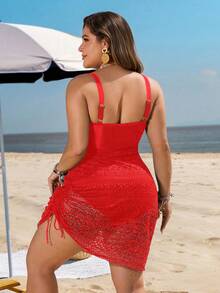Swim Lushoire Baju Renang Tankini Leher V Rajut Jacquard Merah Ukuran Besar, Rok Baju Renang Wanita Musim Panas untuk Liburan Pantai, Elegan, Tali Bahu yang Dapat Diatur - Merah - View 2
