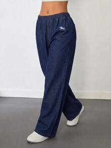 SHEIN Tall 女士休闲日常牛仔刺绣松紧腰宽松牛仔裤 - 黑色 - 查看 5