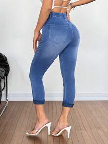 SHEIN Tall Quần thể thao nữ mùa hè, chất liệu co giãn thoải mái, cạp chun, dáng ôm, dài đến mắt cá chân, màu xanh dương, đa năng. - Rửa trung bình - Xem 2