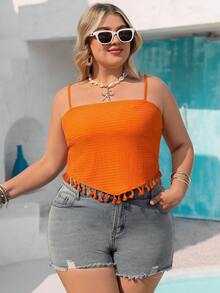 Vivid Eden 大码女式橙色休闲优雅浪漫度假柔软弹力吊带背心，适合度假、夏季、春季和海滩穿着。 - 橘色 - 查看 3