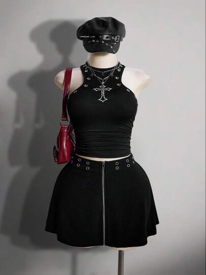 SHEIN ICON Plus Size Y2K Grommet Decor Punk Style A-Line Skirt, Casual, Unique, Versatile, Street-Style Mini Skirt