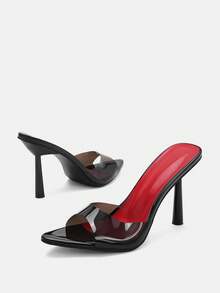 Glitzique Sandalias de tacón alto mujer con puntera puntiaguda y decoración de pirámide transparente negro, tacones glamorosos para fiestas - Negro - Ver 8