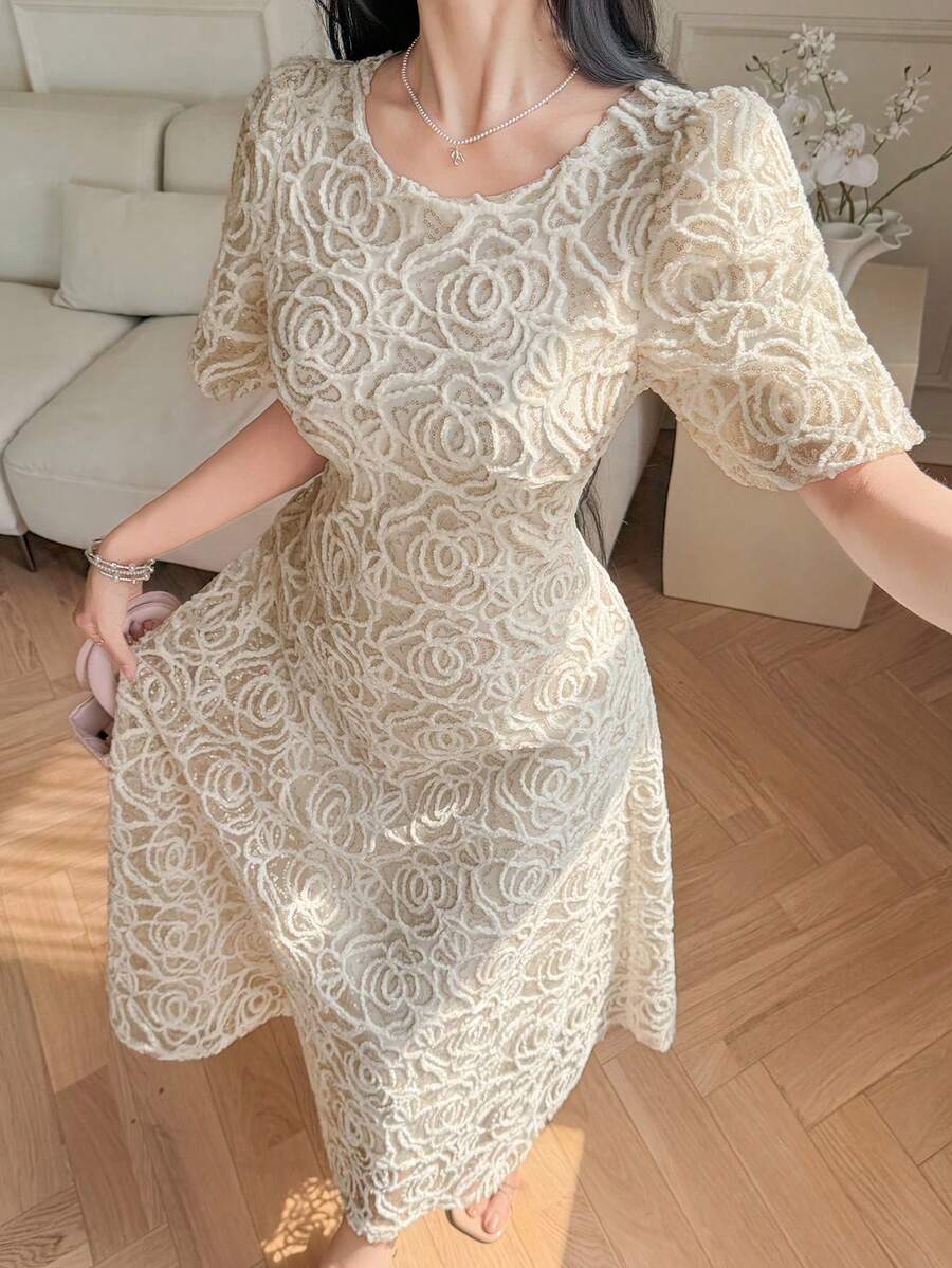 DAZY Women's Elegant Sequin Floral Print Round Neck Lantern Sleeve Mid-Length Dress, Summer - Beige - View 1