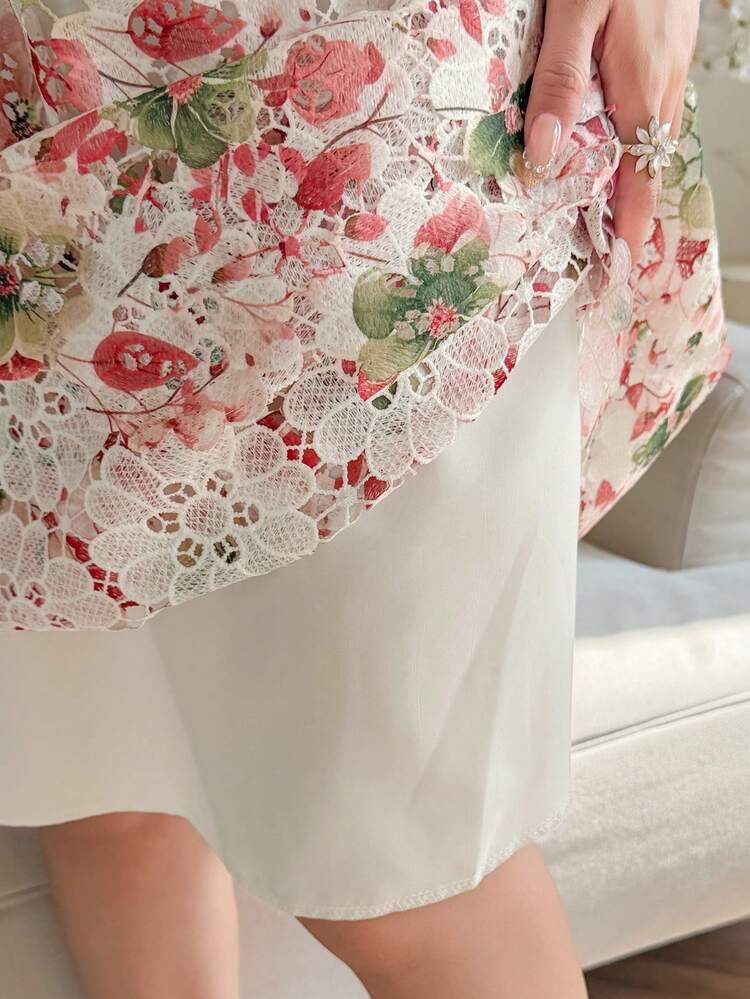 Women's Elegant Floral Lace Patchwork Stand Collar Petal Sleeve Mid-Length Dress, Summer Boho