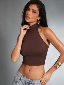 Denimoi Women's Solid Color Halter Neck Metal Decor Fitted Casual Top - Coffee Brown - View 3