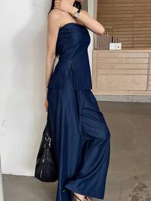 DAZY Setelan Atasan Bandeau Belahan Bawah dan Celana Panjang Lebar Warna Polos untuk Wanita, Gaya Busana Barat untuk Wanita - Biru - View 4