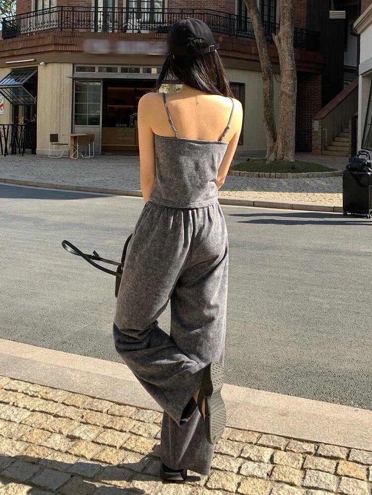 Teen Girl Letter Print Camisole And Drawstring Waist Pants Casual Outfit