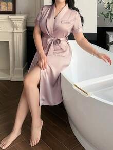 Dazy Plus Casual Twill Fabric Pocket Embroidery Loose Drawstring Short Sleeve Sleepwear, Spring & Summer - Apricot - View 6