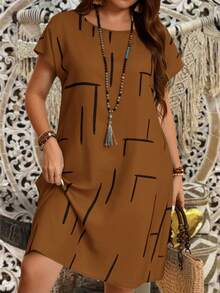 EMERY ROSE Plus Size Women Line Print Round Neck Batwing Short Sleeve Casual Dress - Brown - View 1