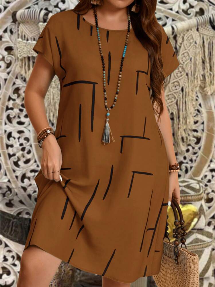Plus Size Women Line Print Round Neck Batwing Short Sleeve Casual Dress