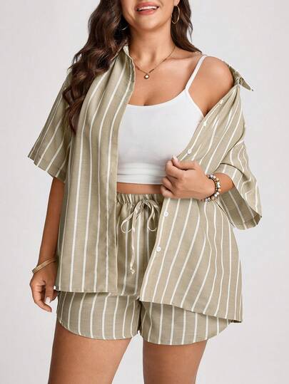 Comfylo Summer Casual Striped Short Sleeve Shirt And Shorts 2 Pieces Set, Plus Size