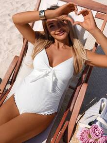 Momance 孕妇打结褶皱连体泳衣，适合海滩度假、泳池派对、沙滩派对 - 彩色 - 查看 1