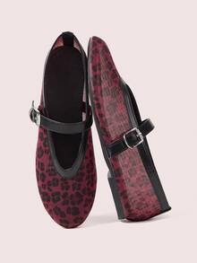 Rosivie Women's Casual Leopard Print Buckle Design Flat Loafers, Versatile For Daily Wear - Burgundy - View 1