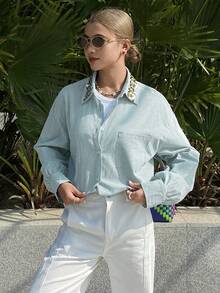 DAZY Women's Casual Sequin Patchwork Striped Pocket Shirt, Spring - Green - View 9