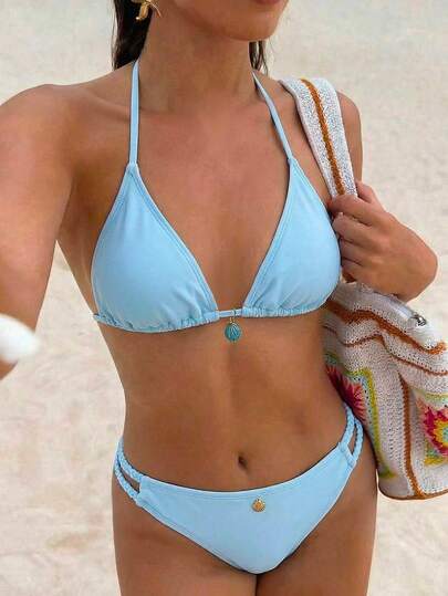 SHEIN Conjunto de bikini sólido para adolescentes para vacaciones de verano y playa