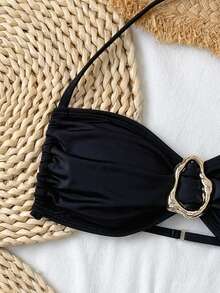 SHEIN 夏季新款少女泳装套装，简约个性百搭比基尼两件套，适合海滩泳池休闲度假，春夏款 - 黑色 - 查看 4