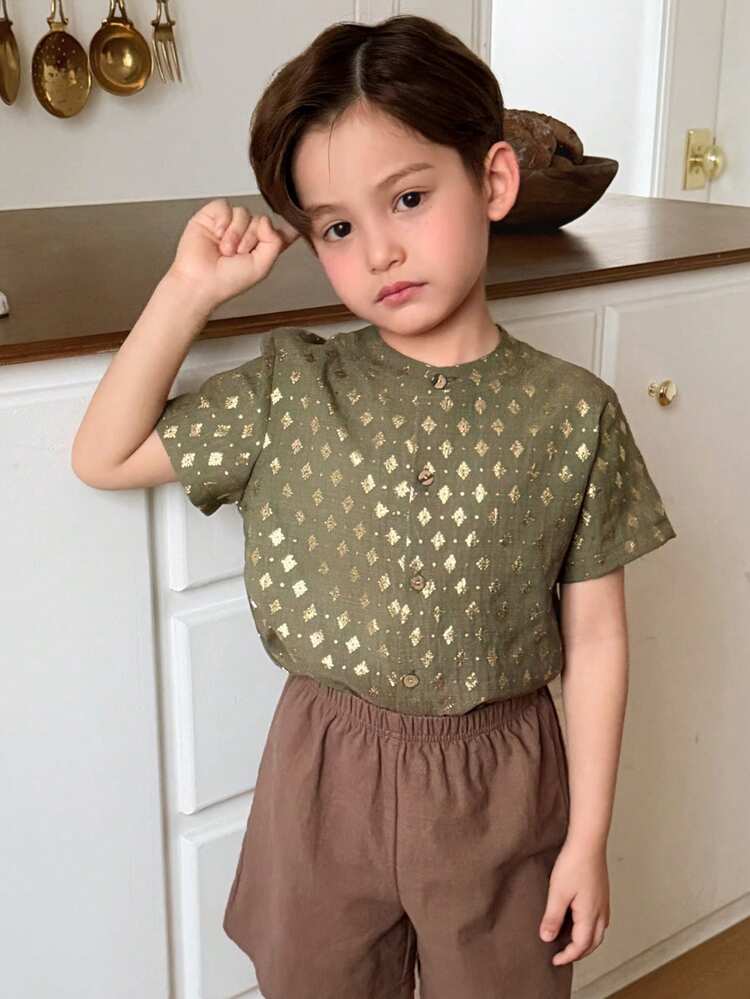 Young Boy Geometric Pattern Short Sleeve Single-Breasted Casual Shirt Summer