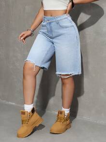 SHEIN Tall Women's Straight Leg Frayed Hem Loose Belted Casual Denim Shorts - Light Wash - View 3