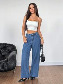 SHEIN Tall Summer TALL Women's Casual Elegant High Waisted Wide Leg Denim Pants For Women Frayed Hem Baggy Casual Jeans Pocket Button Casual Versatile Daily Wear Wide Leg Jeans - Medium Wash - View 7