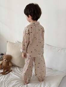DAZY Young Boy Striped Pattern Long Sleeve Button-Up Top And Pants Pajama Set - Khaki - View 5