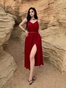 Women's Elegant Solid Color Spaghetti Strap Mid-Length Dress, Summer Maxi Dress Sundress - Burgundy - View 5