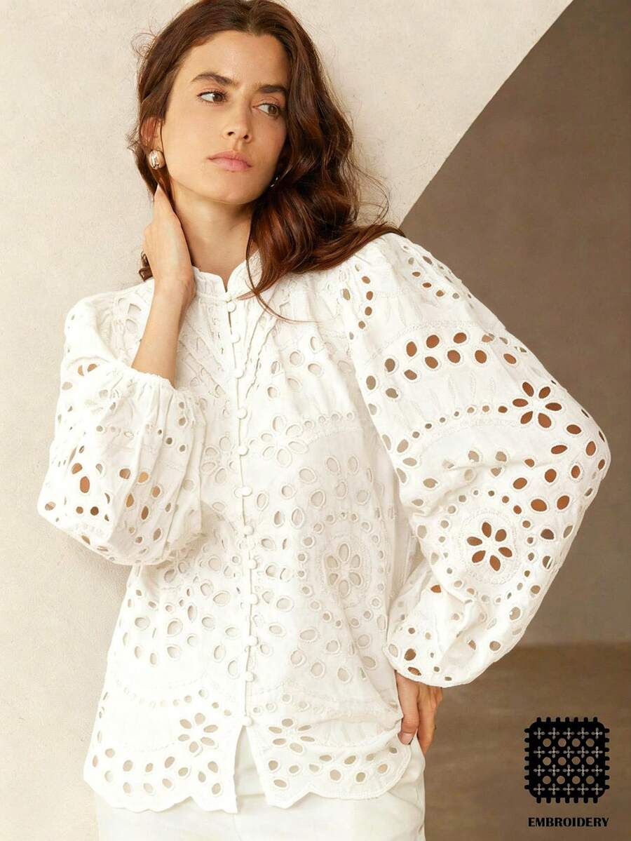 Aveloria Rosie 新款秋季法式休闲刺绣镂空褶裥长袖衬衫 - 白色 - 查看 1