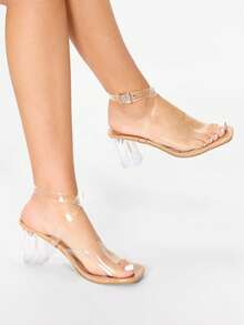 Glitzique Summer New Transparent Women's Sandals Influencer Strap Chic Chunky Heel Crystal Slippers Sexy Outdoor Fashion High Heel Peep Toe Slides - Apricot - View 3