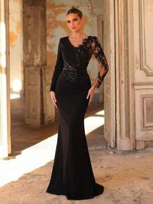 Aureia Élégante et luxueuse jupe sirène avec manches en maille transparente, ornée de perles, de sequins et de broderie à bulles. Convient pour le mariage, les fêtes, les vacances, la mariée, la mère de la mariée. Robe de soirée - Noir - Voir 8