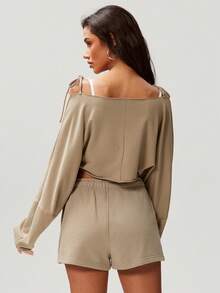 Denimoi 露肩纽扣前开襟短款轻薄卫衣，日常穿着，适合普拉提运动，性感上衣 - 杏色 - 查看 5