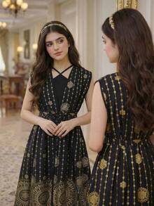 SHEIN Bộ váy áo cổ yếm màu đen ánh kim thanh lịch cho bé gái tuổi teen kèm áo khoác không tay, váy đôi mẹ con màu đen và vàng, váy maxi màu đen và vàng, váy dự tiệc thanh lịch - màu đen - Xem 1