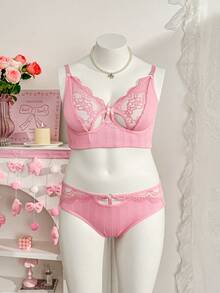 PetitDoll Bộ đồ lót ngọt ngào thoải mái gồm 2 món: Áo dệt kim jacquard mềm mại màu hồng phối ren với nơ trang trí và thiết kế hơi xuyên thấu, thích hợp cho ngày Valentine. - Hồng - Xem 3