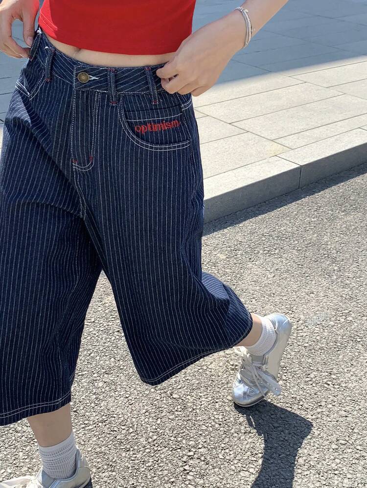 Women's Letter Embroidered Striped Pocket Loose Denim Bermuda Shorts Jorts