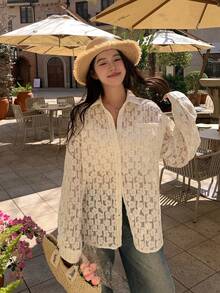 DAZY Áo sơ mi nữ tay dài cổ ren kiểu dáng thường ngày - Màu be - Xem 6