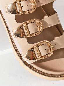 SHUZIA Women's Comfort Minimalist Buckled Triple Band Flat Slip-On Sandals - Beige - View 4