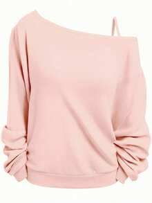 EMERY ROSE Plus Size Casual Solid Color Pink Off-Shoulder Long Sleeve T-Shirt, Suitable For Autumn/Winter - Pink - View 1