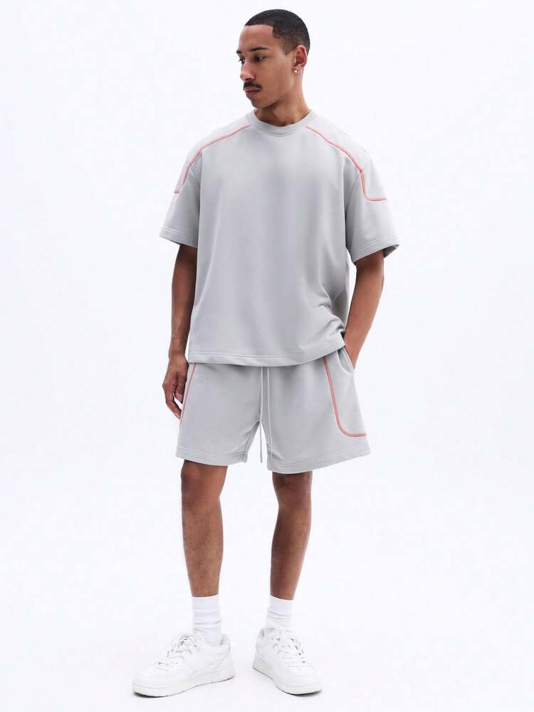 Men's Smart Polo Co-Ord Set Light Grey Crew Neck Short Sleeve Top With Matching Drawstring Shorts Orange Contrast Stitching Details