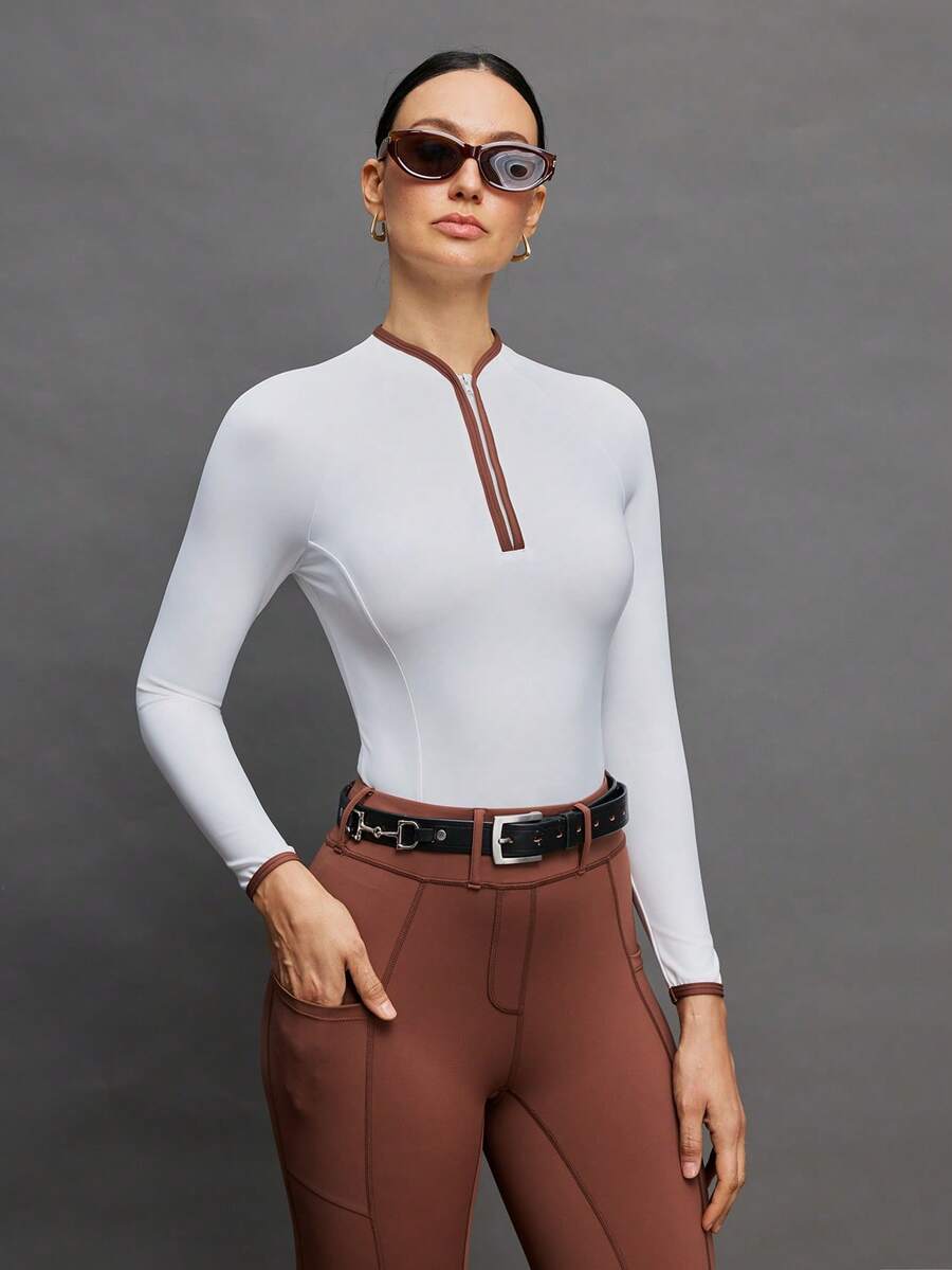 Activina Women's Minimalist Contrast Trim Zipper Half-Zip Long Sleeve Equestrian Top - White - View 1