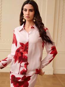 ZEYLAH Camisa básica elegante com estampa, modelagem ajustada, para primavera/verão. - Rosa - Ver 5