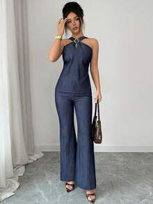 DAZY Damen elegantes ärmelloses Top und gerade geschnittene Hose 2-teiliges Set, Frühlings-/Sommer-Loungewear für Frauen - Blau - Übersicht 4
