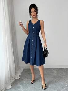 Elenzga Women's Denim Sleeveless Dress - Dark Wash - View 5